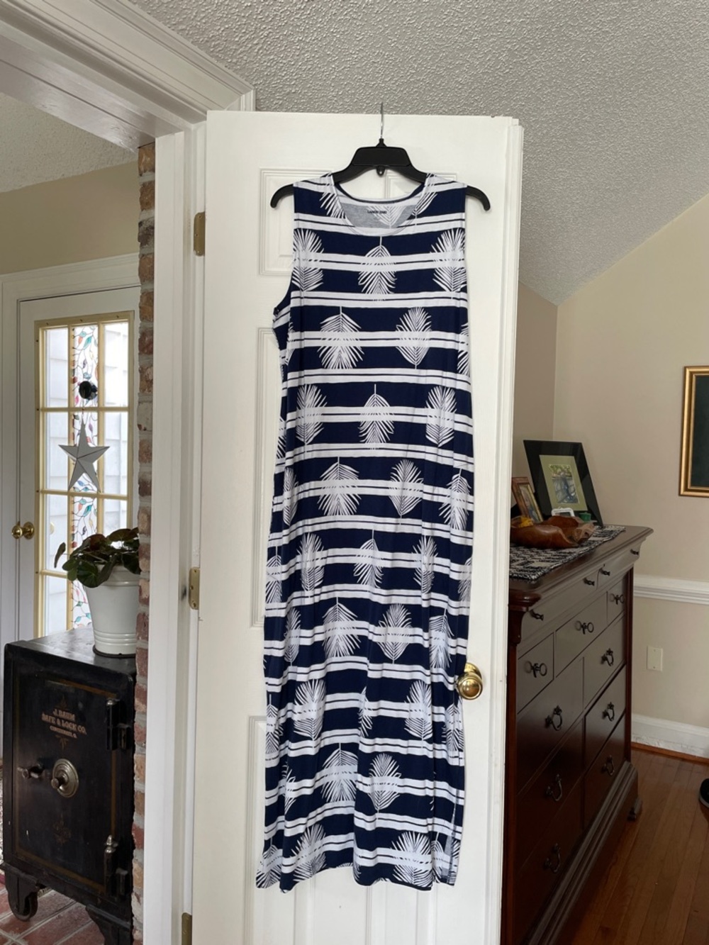 Lands' End Navy and White Palm-Print Sleeveless Maxi Dress